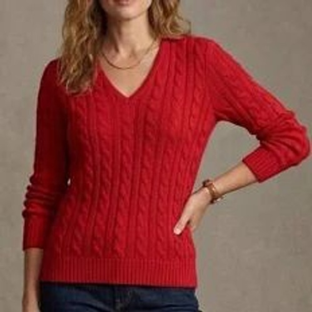 Lauren Ralph Lauren 1X Red Sweater Women's Cable Knit Split Neck Cotton